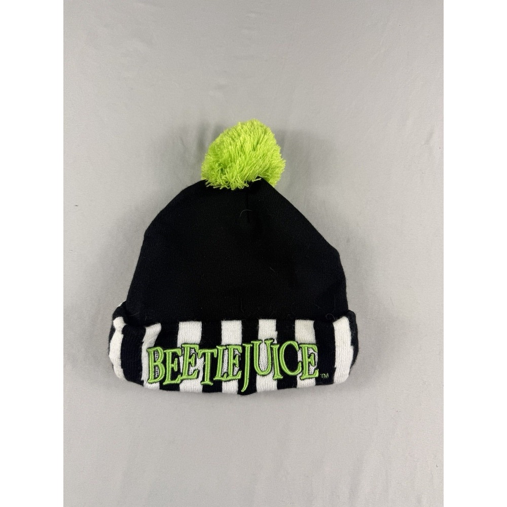 Beetlejuice black white green foldover beanie with fuzz ball, adults one size